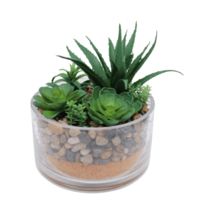 Palmtree Homeware Glass planter with faux succulents of mixed heights set in pebbles,