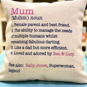 This fantastic personalised mums cushion is a perfect gift for the best mum in the world! Perfect for Mothers Day, Mums Birthday or any day! The linen look fabric is lovely to the touch, the cushion has a polyester filler and it is 40x40cm.