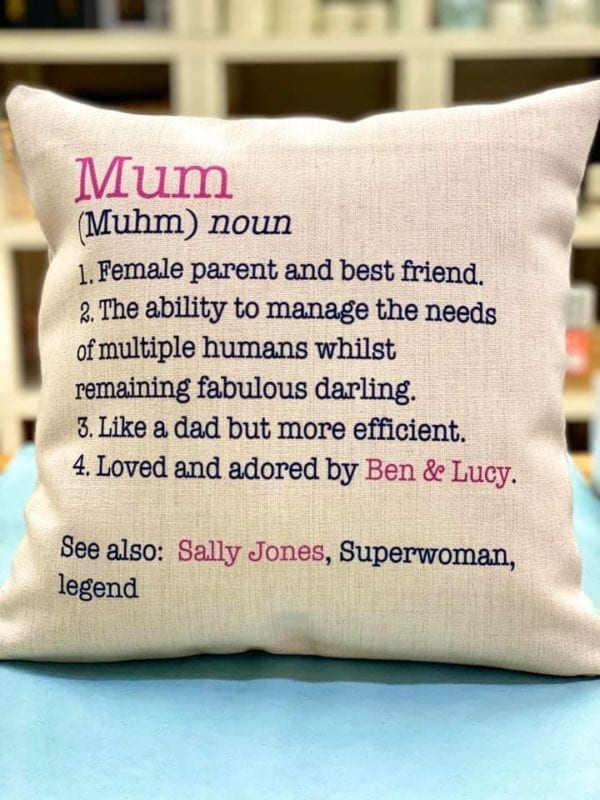 This fantastic personalised mums cushion is a perfect gift for the best mum in the world! Perfect for Mothers Day, Mums Birthday or any day! The linen look fabric is lovely to the touch, the cushion has a polyester filler and it is 40x40cm.